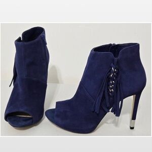 New Guess Heeled Ankle Boots Womens Size 10 Blue Leather Silver Tassel NWT